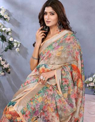 Cream printed art silk designer pallu saree 4