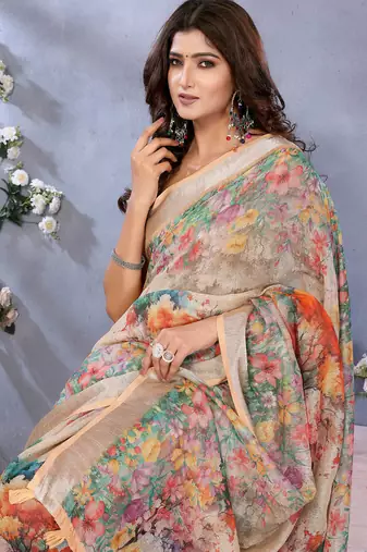Cream printed art silk designer pallu saree
