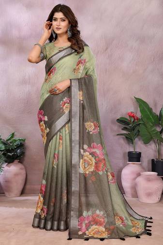 Light green printed art silk designer pallu saree