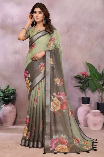 Light green printed art silk designer pallu saree