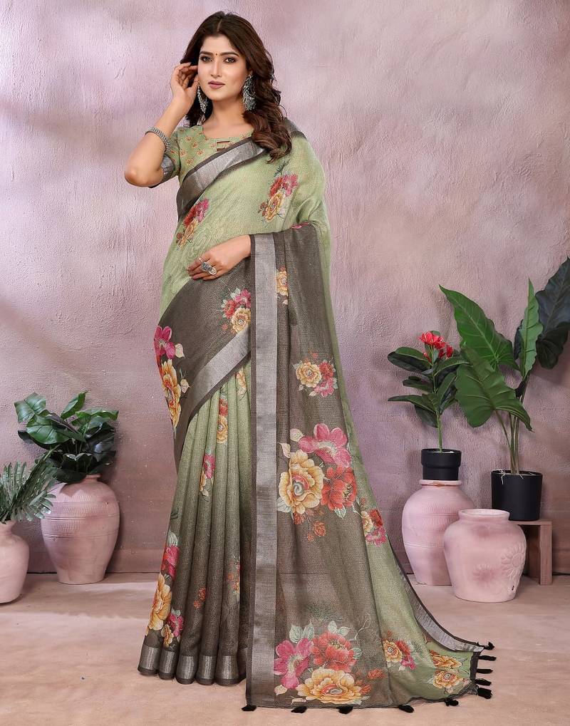 Light green printed art silk designer pallu saree