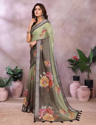 Light green printed art silk designer pallu saree 2