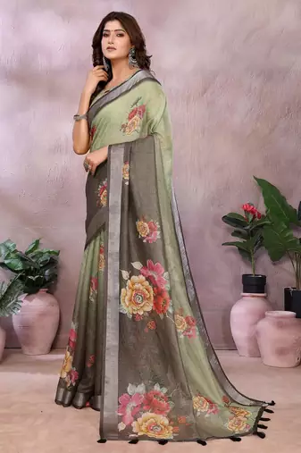Light green printed art silk designer pallu saree