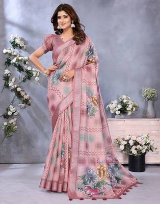 Baby pink printed art silk designer pallu saree 1