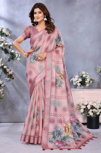 Baby pink printed art silk designer pallu saree
