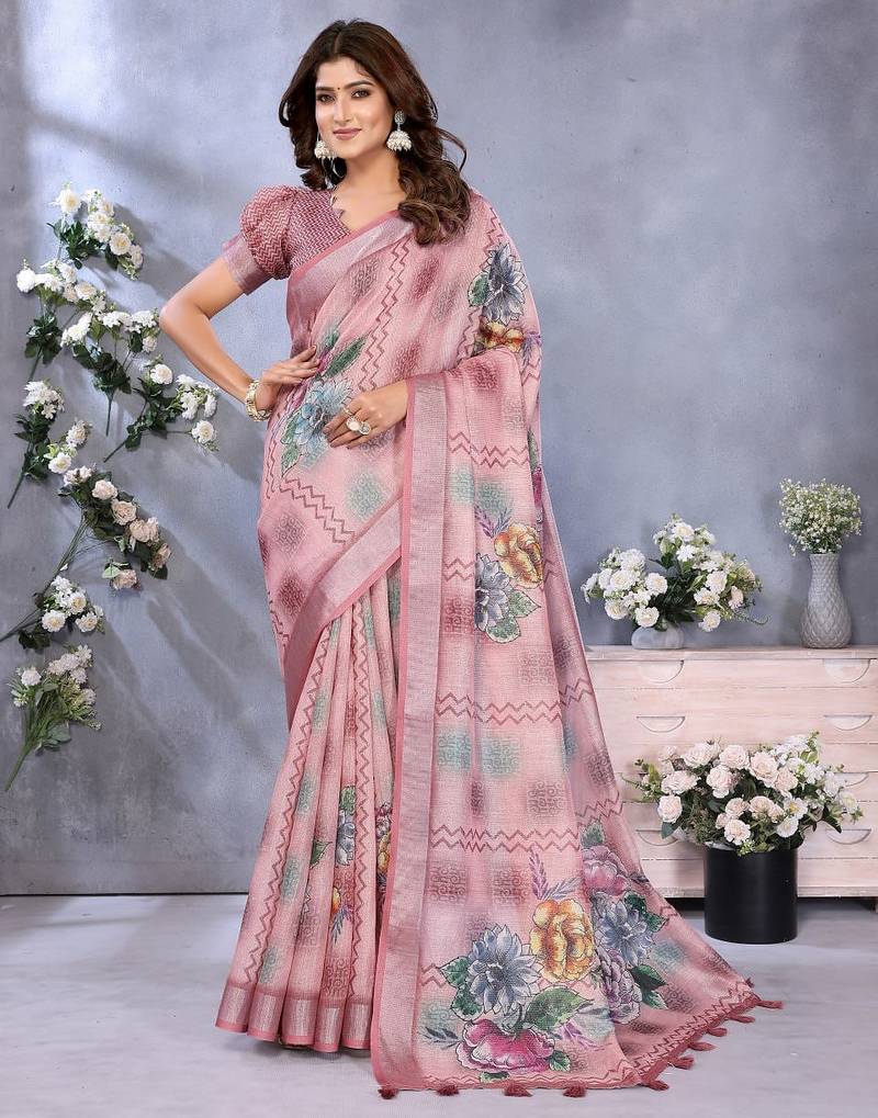 Baby pink printed art silk designer pallu saree