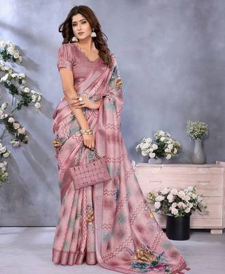 Baby pink printed art silk designer pallu saree 2