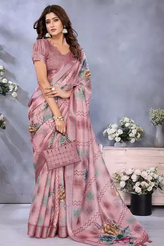 Baby pink printed art silk designer pallu saree