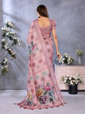 Baby pink printed art silk designer pallu saree 3