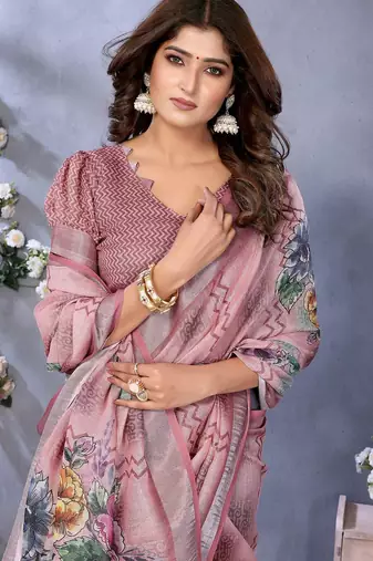 Baby pink printed art silk designer pallu saree