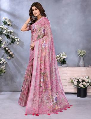 Light baby pink printed art silk designer pallu saree 2