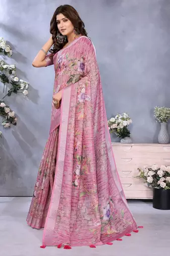 Light baby pink printed art silk designer pallu saree