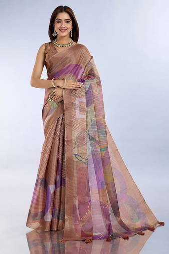 Brown printed art silk designer pallu saree