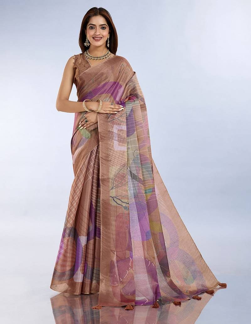 Brown printed art silk designer pallu saree