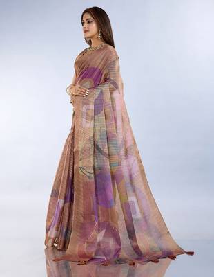 Brown printed art silk designer pallu saree 2