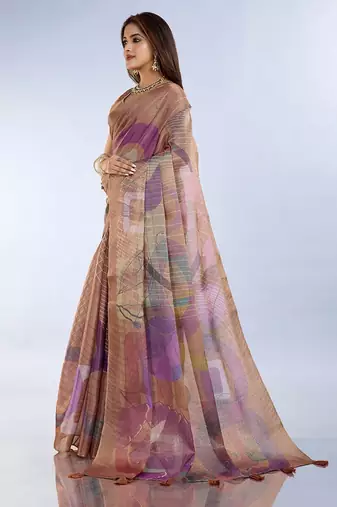Brown printed art silk designer pallu saree