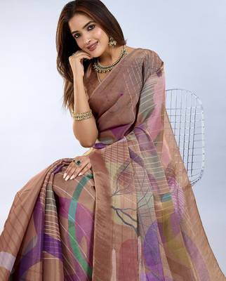 Brown printed art silk designer pallu saree 4