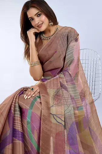 Brown printed art silk designer pallu saree