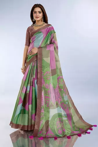 Multicolor printed art silk designer pallu saree