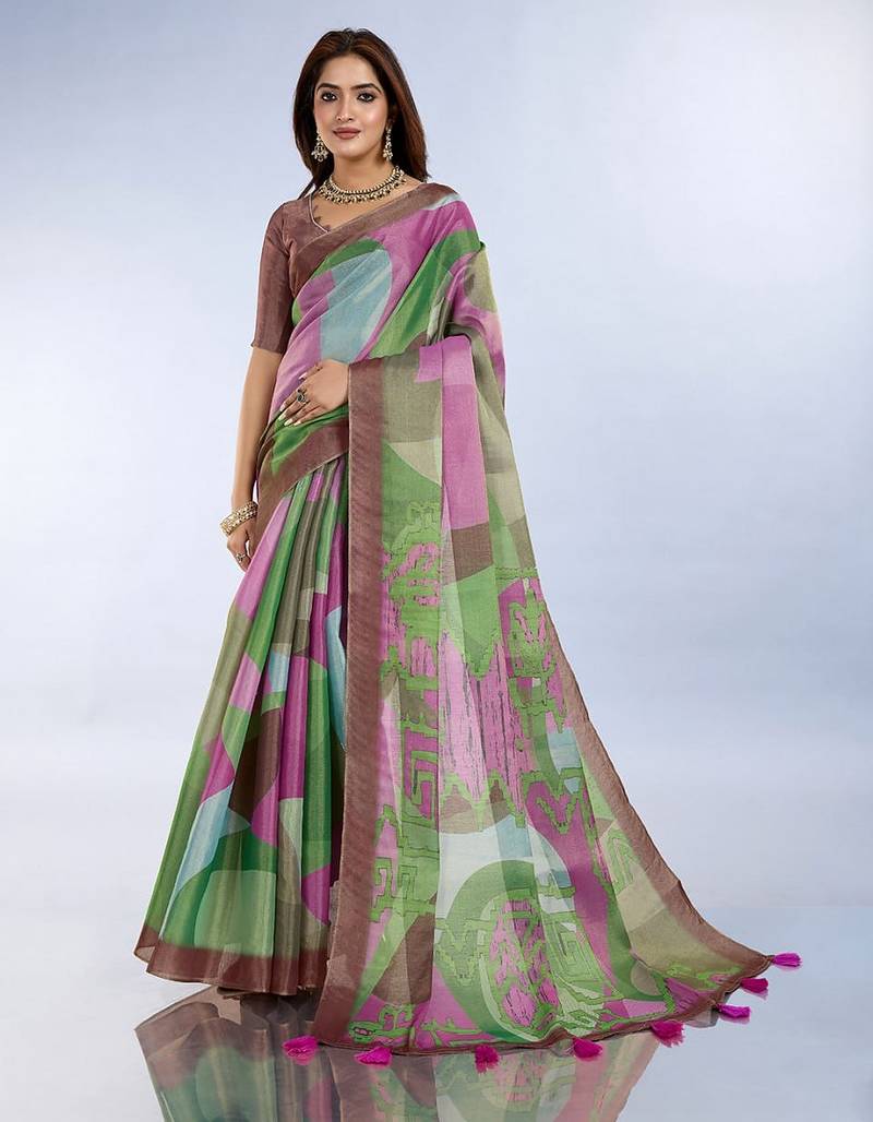 Multicolor printed art silk designer pallu saree