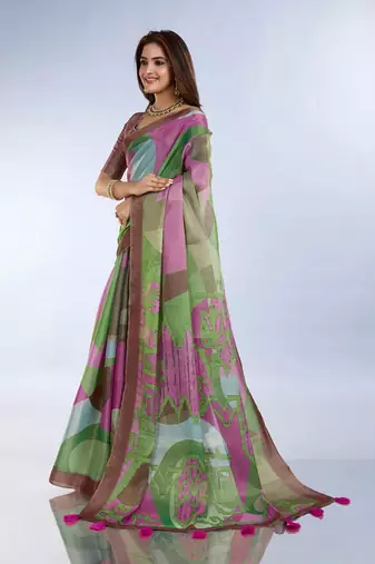 Multicolor printed art silk designer pallu saree