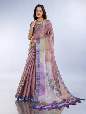 Peach printed art silk designer pallu saree 1