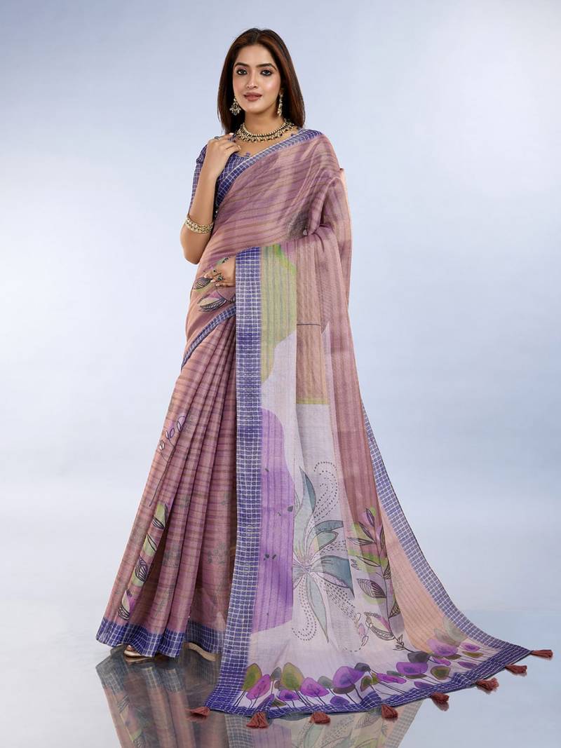 Peach printed art silk designer pallu saree