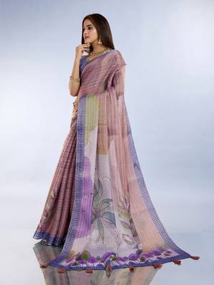 Peach printed art silk designer pallu saree 2