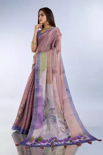 Peach printed art silk designer pallu saree