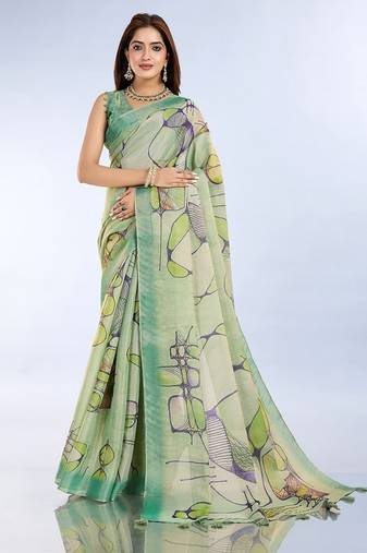 Light green printed art silk designer pallu saree