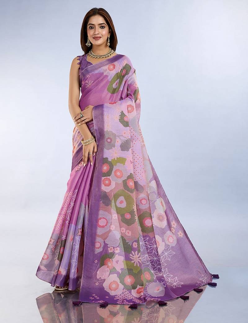 Light purple printed art silk designer pallu saree