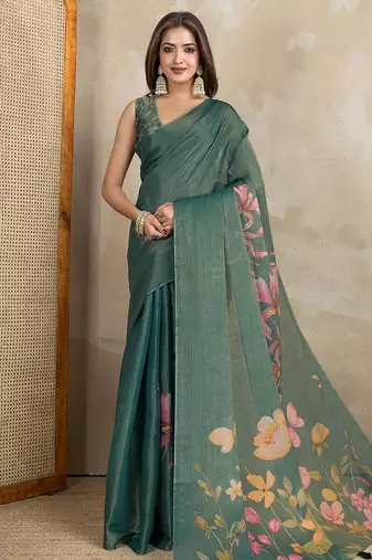 Green printed art silk designer pallu saree