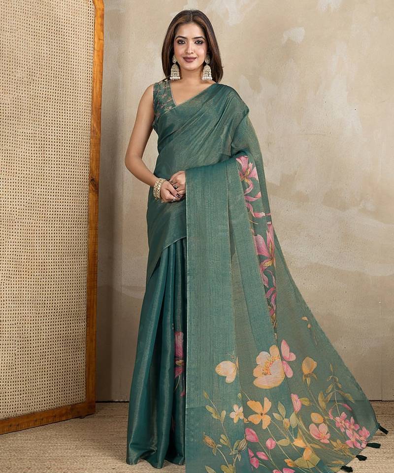 Green printed art silk designer pallu saree