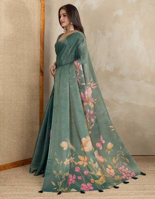 Green printed art silk designer pallu saree 2