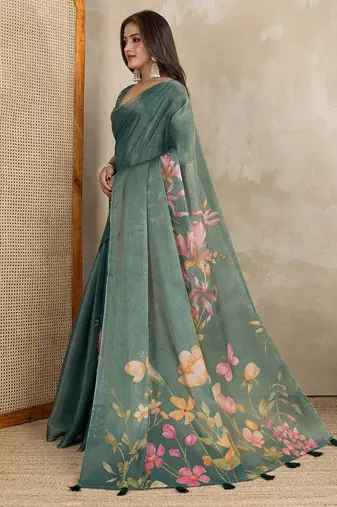 Green printed art silk designer pallu saree
