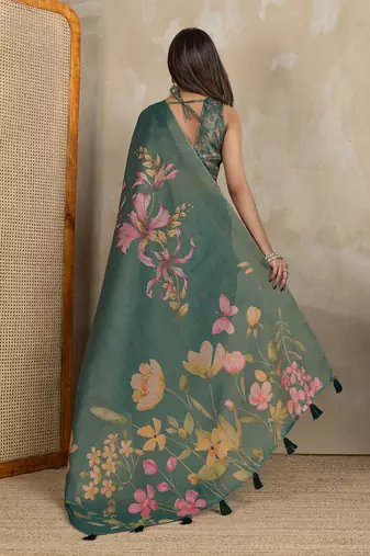 Green printed art silk designer pallu saree