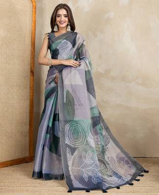 Grey printed art silk designer pallu saree 1