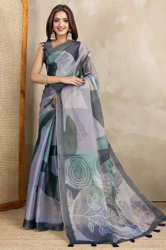 Grey printed art silk designer pallu saree
