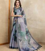 Grey printed art silk designer pallu saree