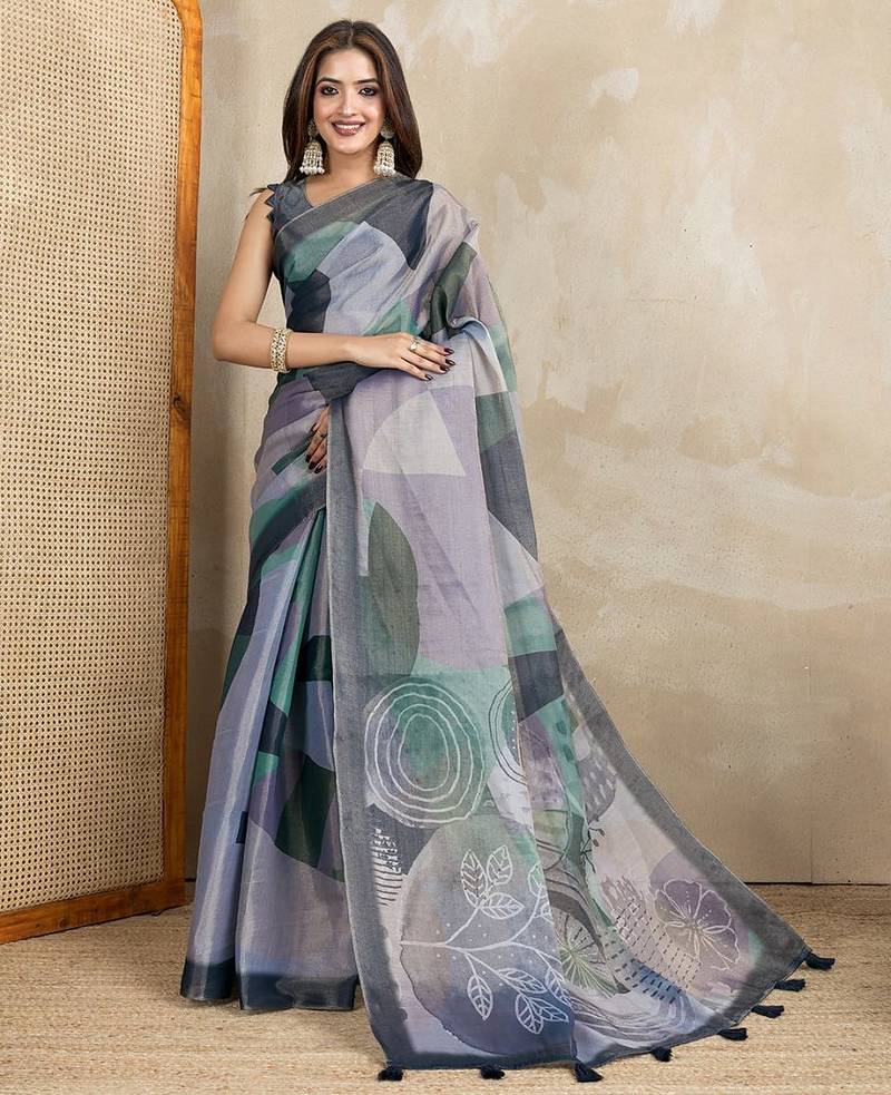 Grey printed art silk designer pallu saree