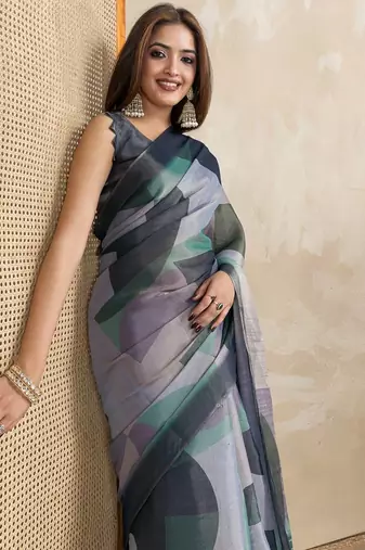 Grey printed art silk designer pallu saree