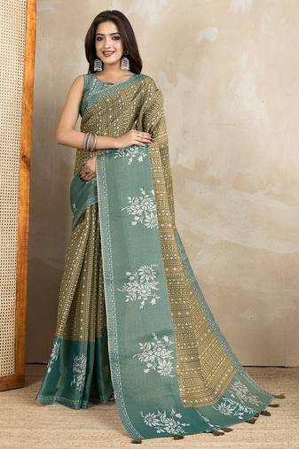 Mehendi printed art silk designer pallu saree