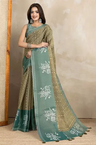Mehendi printed art silk designer pallu saree
