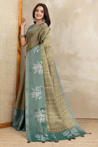 Mehendi printed art silk designer pallu saree
