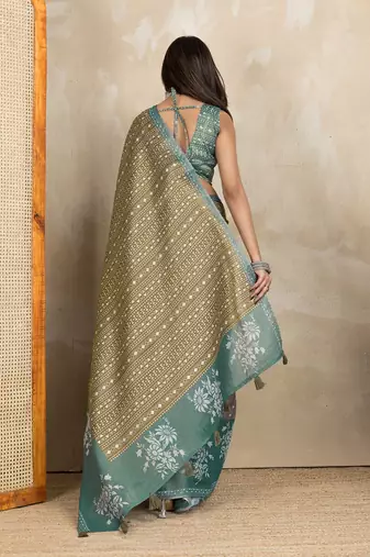 Mehendi printed art silk designer pallu saree