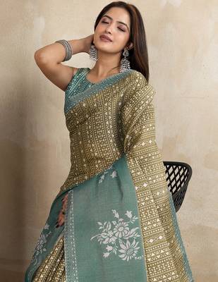 Mehendi printed art silk designer pallu saree 4