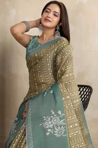 Mehendi printed art silk designer pallu saree