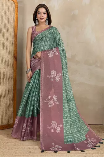 Green printed art silk designer pallu saree