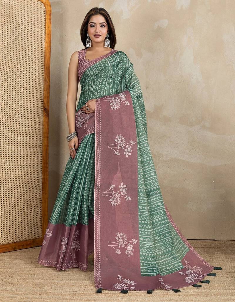 Green printed art silk designer pallu saree