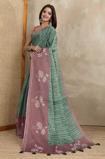 Green printed art silk designer pallu saree